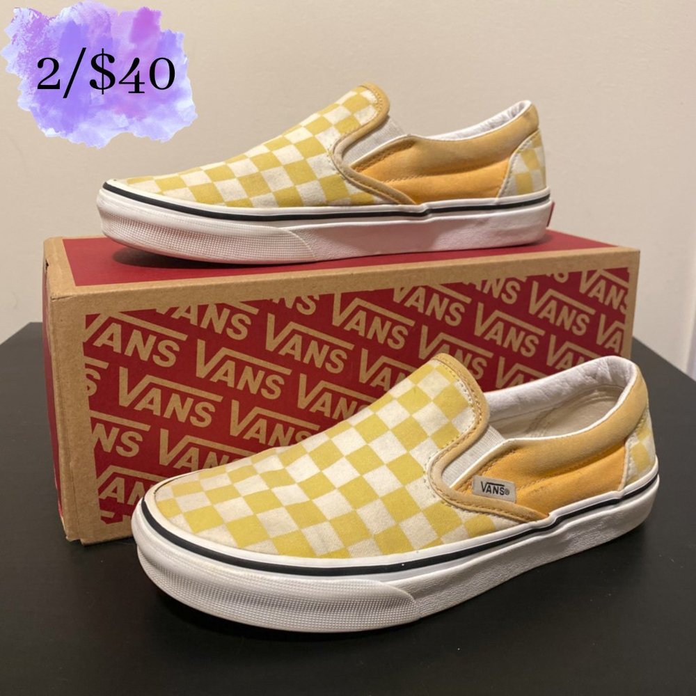 SOLD | Yellow Checkerboard Slip On Vans - Picture 1 of 9